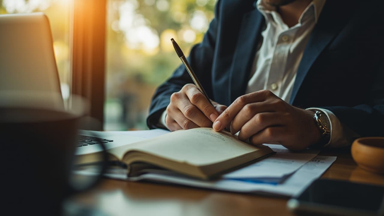 A hand writing in an open notebook beside a laptop and coffee cup