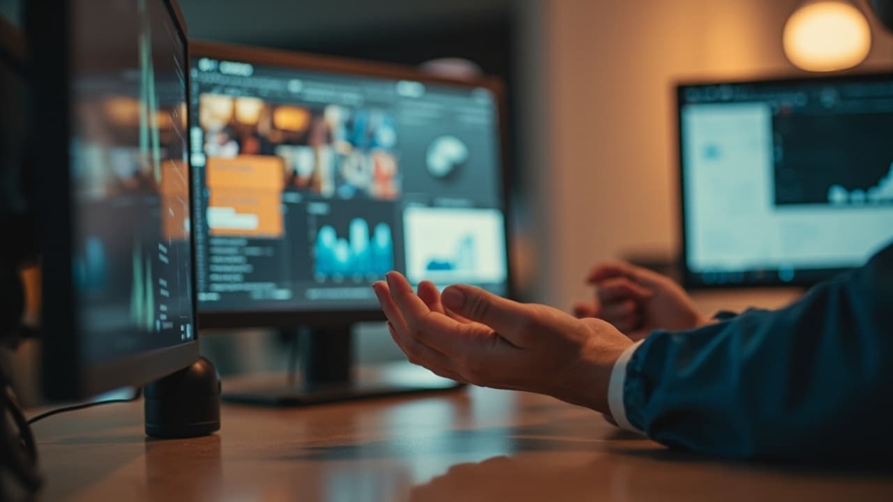 An open hand gestures beside glowing monitors showing editing software