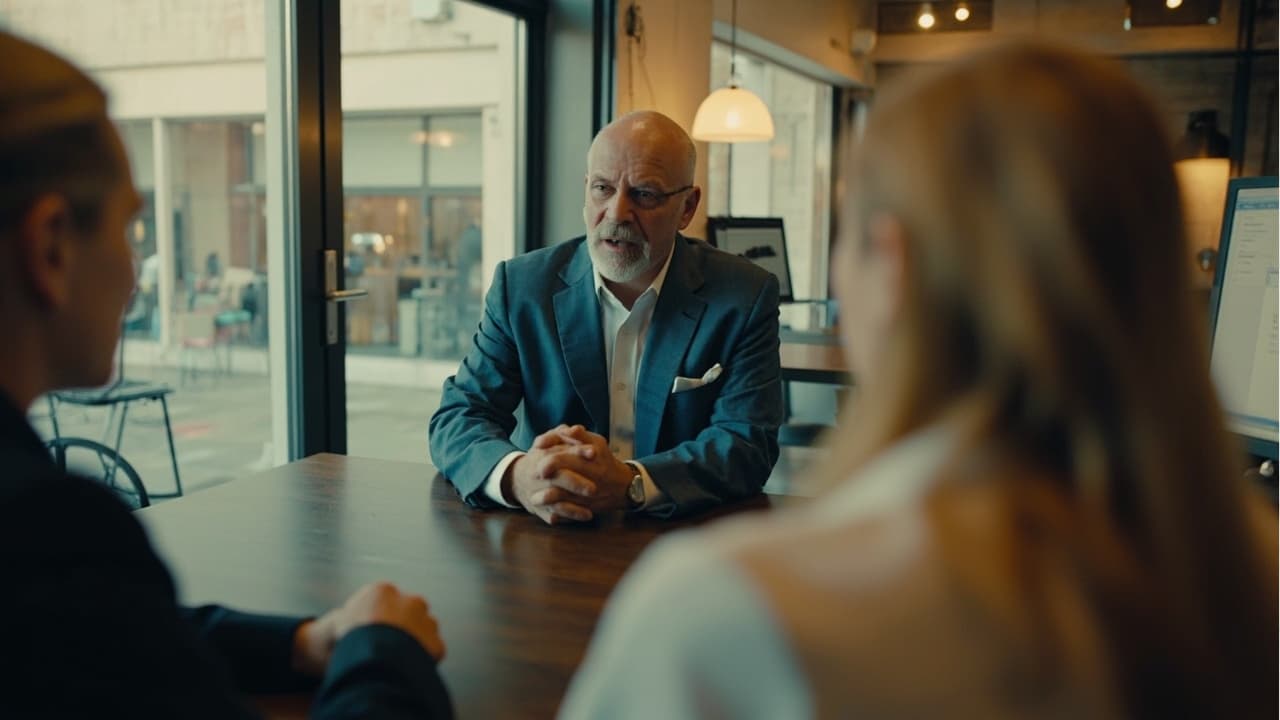 A person in a suit sits across a table speaking with two others
