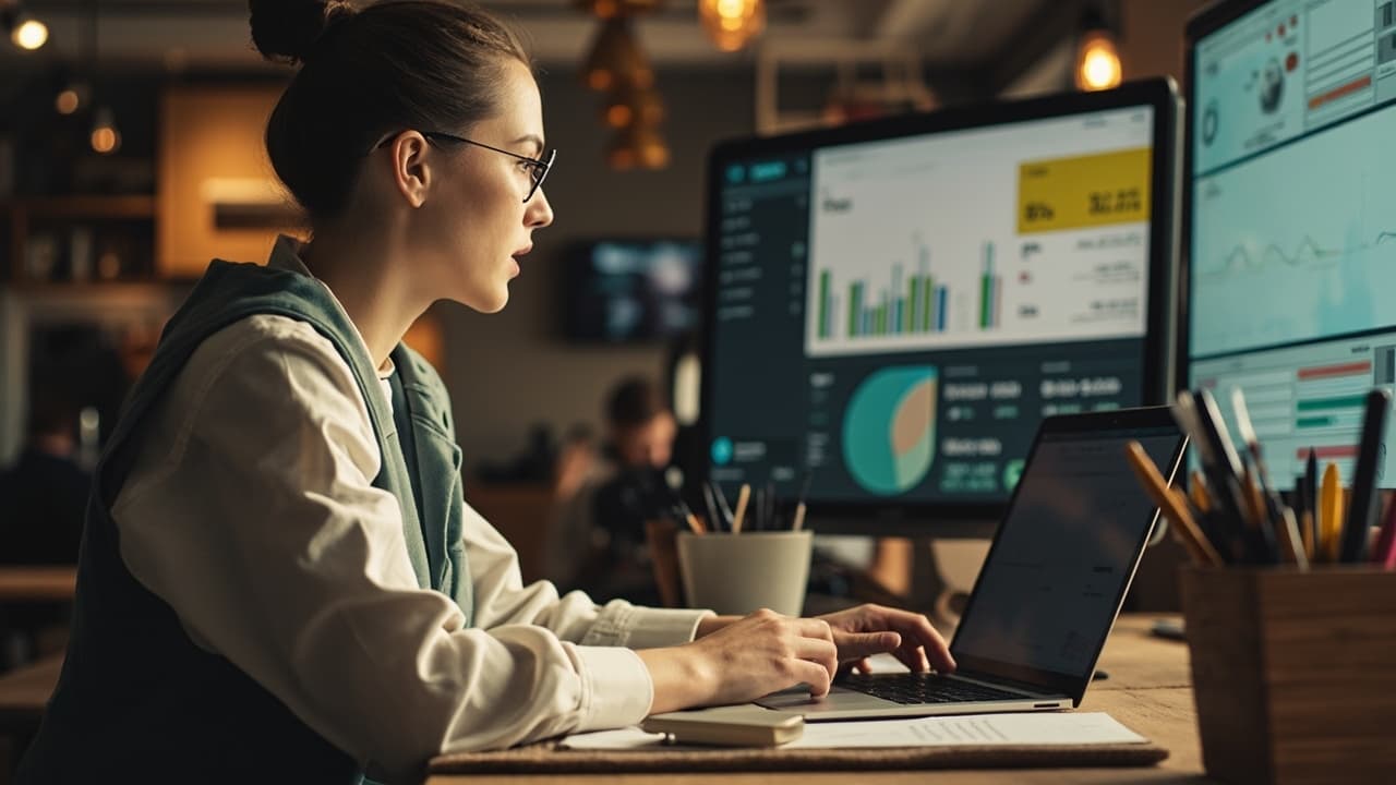 A person types on a laptop beside a large monitor showing dashboards